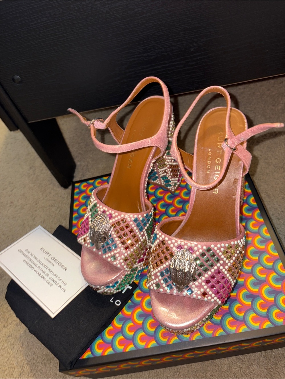 Kurt Geiger Pink Multicolor Crystal Embellished Platform Sandals